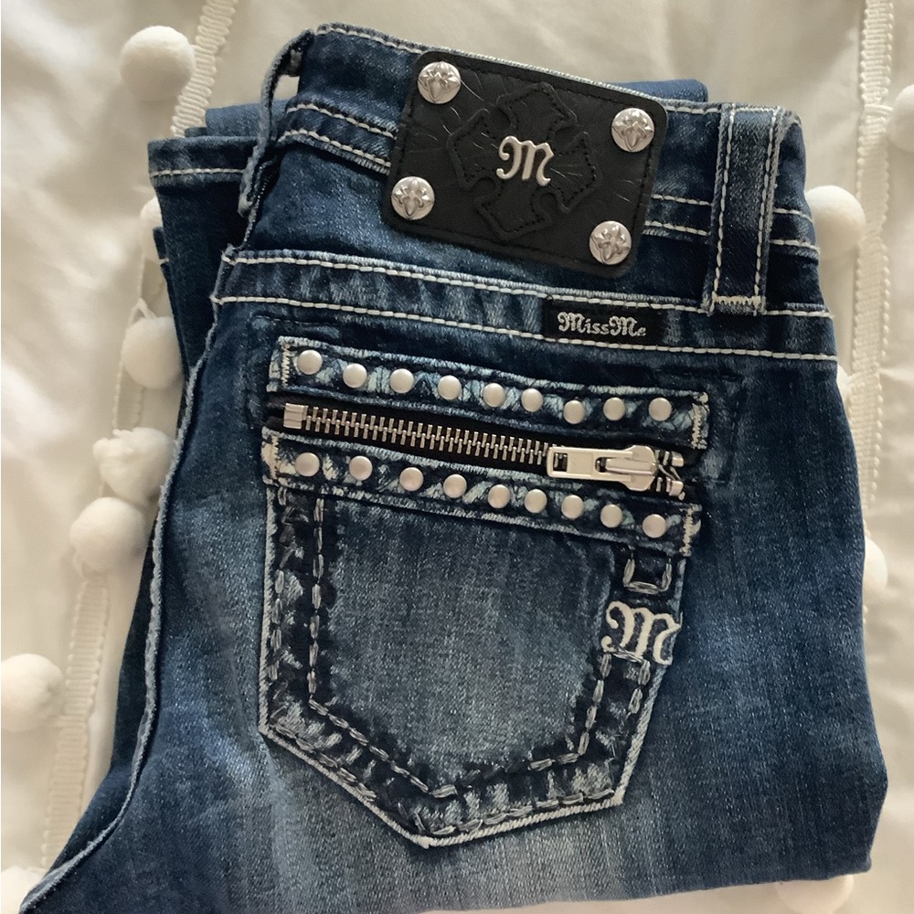 Miss Me Dark Blue Studded Jeans with Zip Pocket